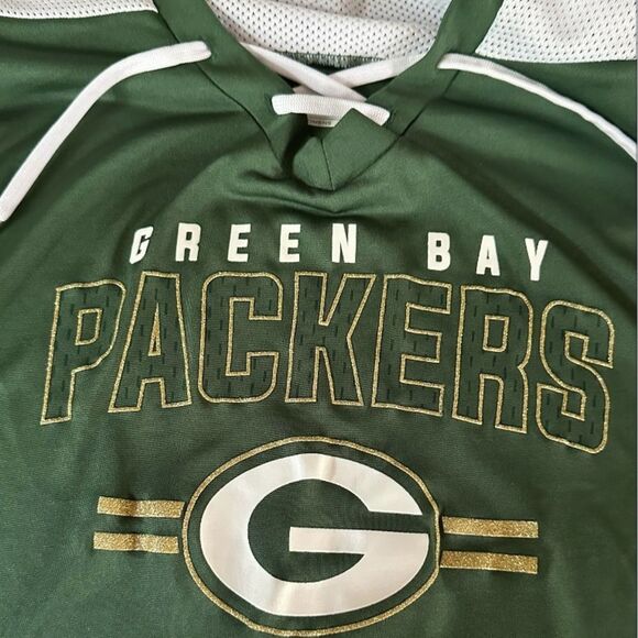Green Bay Packers NFL Apparel Womens Jersey Green w Gold Sparkly Logo Sz Small. - Picture 3 of 6